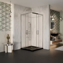 HD Nova 80x80 szögletes két tolóajtós matt zuhanykabin fekete slim zuhanytálcával és króm szifonnal, krómozott elemekkel, 190 cm magas