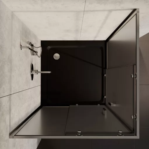 HD Nova 80x80 szögletes két tolóajtós matt zuhanykabin fekete slim zuhanytálcával és króm szifonnal, krómozott elemekkel, 190 cm magas