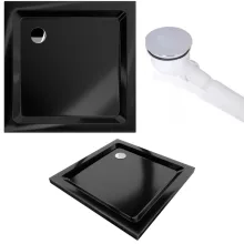 HD Nova 80x80 szögletes két tolóajtós matt zuhanykabin fekete slim zuhanytálcával és króm szifonnal, krómozott elemekkel, 190 cm magas