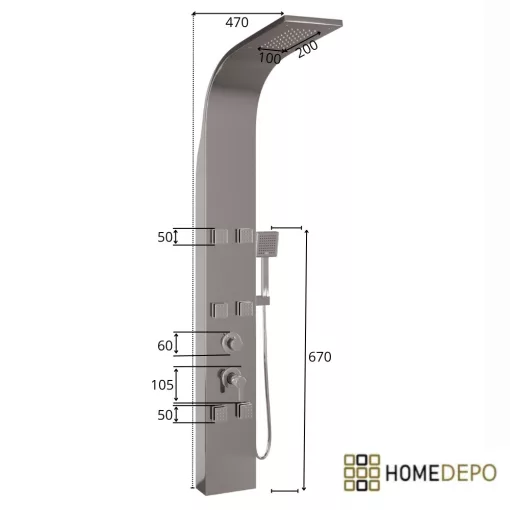 HD Orion Glossy Chrome 20x155 szögletes hidromasszázs zuhanypanel, rozsdamentes acél