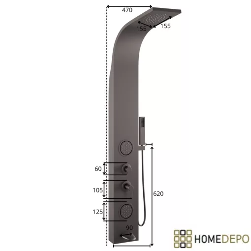 HD Orion Gun Grey 20x155 kerek szürke hidromasszázs zuhanypanel, rozsdamentes acél