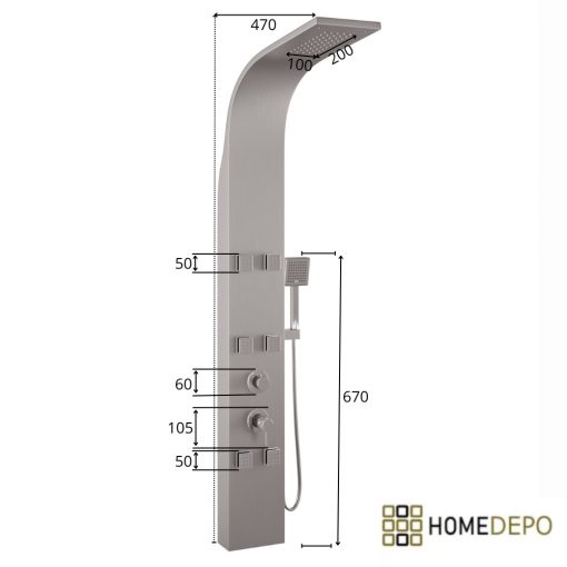 HD Orion Brushed Chrome 20x155 szögletes hidromasszázs zuhanypanel, rozsdamentes acél