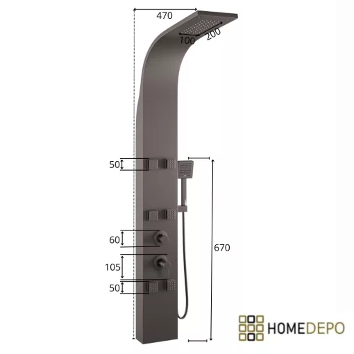 HD Orion Gun Grey 20x155 szögletes szürke hidromasszázs zuhanypanel, rozsdamentes acél