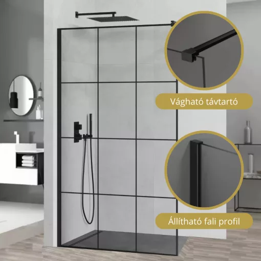 HD Oslo Black Walk-In zuhanyfal, 110x200 cm, 8 mm vastag vízlepergető biztonsági üveggel, 200 cm magas, fekete profillal és távtartóval