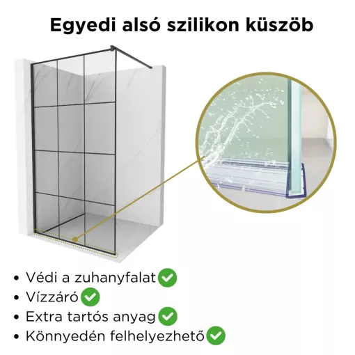 HD Oslo Black Walk-In zuhanyfal, 110x200 cm, 8 mm vastag vízlepergető biztonsági üveggel, 200 cm magas, fekete profillal és távtartóval