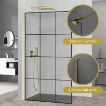 HD Oslo Gold Walk-In zuhanyfal, 120x200 cm, 8 mm vastag vízlepergető biztonsági üveggel, 200 cm magas, arany profillal és távtartóval