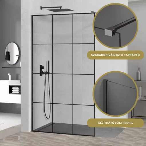 HD Oslo Gun Grey Walk-In zuhanyfal, 110x200 cm, 8 mm vastag vízlepergető biztonsági üveggel, 200 cm magas, szürke profillal és távtartóval