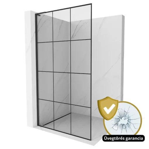 HD Oslo "L" Black Walk-In zuhanyfal, 100x200 cm, 8 mm vastag vízlepergető biztonsági üveggel, 200 cm magas, fekete profillal és "L" stabilizátorral