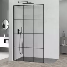 HD Oslo "L" Black Walk-In zuhanyfal, 100x200 cm, 8 mm vastag vízlepergető biztonsági üveggel, 200 cm magas, fekete profillal és "L" stabilizátorral