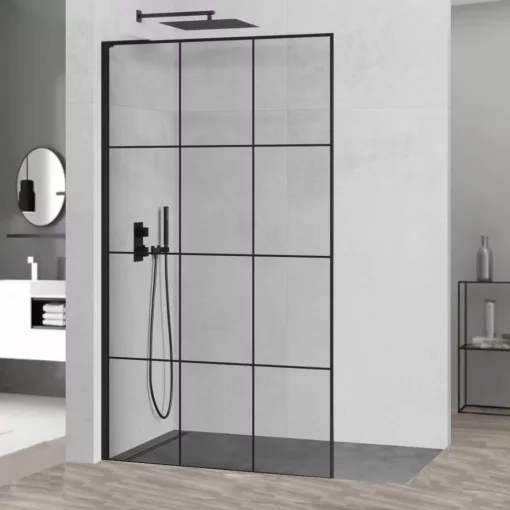 HD Oslo "L" Black Walk-In zuhanyfal, 100x200 cm, 8 mm vastag vízlepergető biztonsági üveggel, 200 cm magas, fekete profillal és "L" stabilizátorral