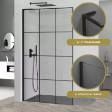 HD Oslo "L" Black Walk-In zuhanyfal, 100x200 cm, 8 mm vastag vízlepergető biztonsági üveggel, 200 cm magas, fekete profillal és "L" stabilizátorral
