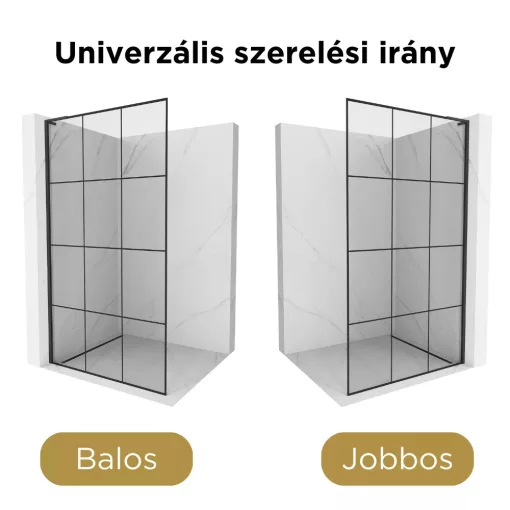 HD Oslo "L" Black Walk-In zuhanyfal, 100x200 cm, 8 mm vastag vízlepergető biztonsági üveggel, 200 cm magas, fekete profillal és "L" stabilizátorral