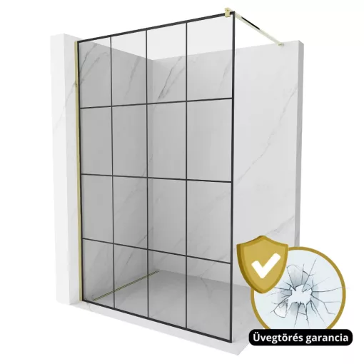 HD Oslo Gold Walk-In zuhanyfal, 130x200 cm, 8 mm vastag vízlepergető biztonsági üveggel, 200 cm magas, arany profillal és távtartóval