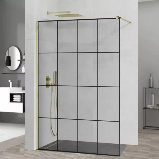 HD Oslo Gold Walk-In zuhanyfal, 130x200 cm, 8 mm vastag vízlepergető biztonsági üveggel, 200 cm magas, arany profillal és távtartóval
