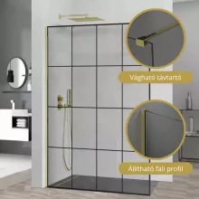 HD Oslo Gold Walk-In zuhanyfal, 130x200 cm, 8 mm vastag vízlepergető biztonsági üveggel, 200 cm magas, arany profillal és távtartóval