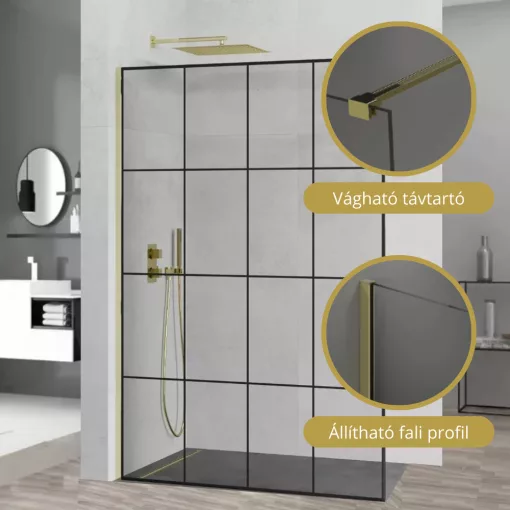HD Oslo Gold Walk-In zuhanyfal, 130x200 cm, 8 mm vastag vízlepergető biztonsági üveggel, 200 cm magas, arany profillal és távtartóval