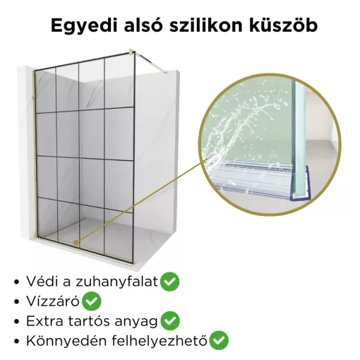 HD Oslo Gold Walk-In zuhanyfal, 130x200 cm, 8 mm vastag vízlepergető biztonsági üveggel, 200 cm magas, arany profillal és távtartóval