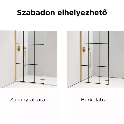 HD Oslo Gold Walk-In zuhanyfal, 130x200 cm, 8 mm vastag vízlepergető biztonsági üveggel, 200 cm magas, arany profillal és távtartóval