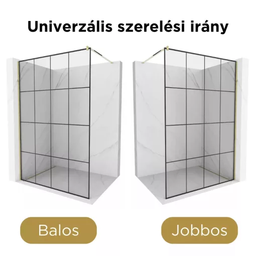 HD Oslo Gold Walk-In zuhanyfal, 130x200 cm, 8 mm vastag vízlepergető biztonsági üveggel, 200 cm magas, arany profillal és távtartóval