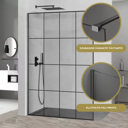 HD Oslo Gun Grey Walk-In zuhanyfal, 130x200 cm, 8 mm vastag vízlepergető biztonsági üveggel, 200 cm magas, szürke profillal és távtartóval