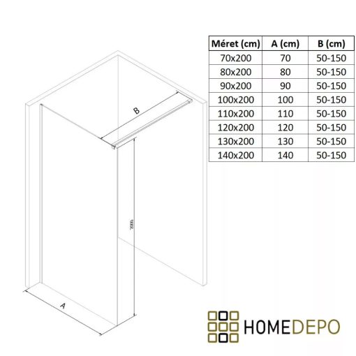 HD Oslo White Walk-In zuhanyfal, 140x200 cm, 8 mm vastag vízlepergető biztonsági üveggel, 200 cm magas, fehér profillal és távtartóval