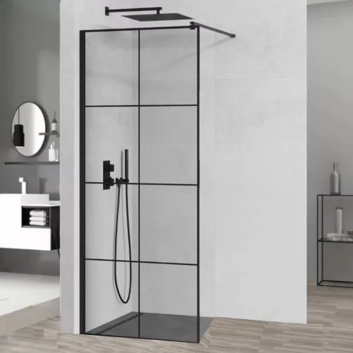 HD Oslo Black Walk-In zuhanyfal, 80x200 cm, 8 mm vastag vízlepergető biztonsági üveggel, 200 cm magas, fekete profillal és távtartóval