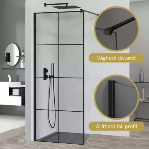 HD Oslo Black Walk-In zuhanyfal, 80x200 cm, 8 mm vastag vízlepergető biztonsági üveggel, 200 cm magas, fekete profillal és távtartóval