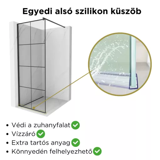HD Oslo Black Walk-In zuhanyfal, 80x200 cm, 8 mm vastag vízlepergető biztonsági üveggel, 200 cm magas, fekete profillal és távtartóval