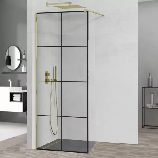 HD Oslo Gold Walk-In zuhanyfal 8 mm vastag vízlepergető biztonsági üveggel, 200 cm magas, arany profillal és távtartóval