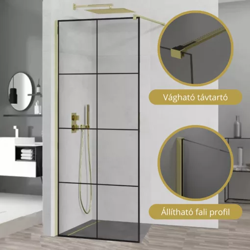 HD Oslo Gold Walk-In zuhanyfal 8 mm vastag vízlepergető biztonsági üveggel, 200 cm magas, arany profillal és távtartóval