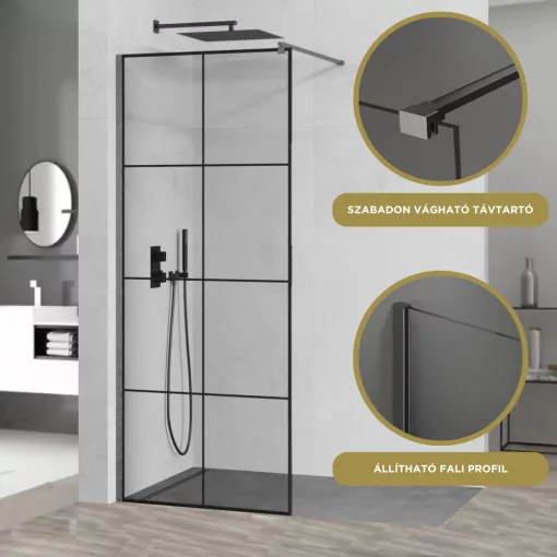 HD Oslo Gun Grey Walk-In zuhanyfal 8 mm vastag vízlepergető biztonsági üveggel, 200 cm magas, szürke profillal és távtartóval