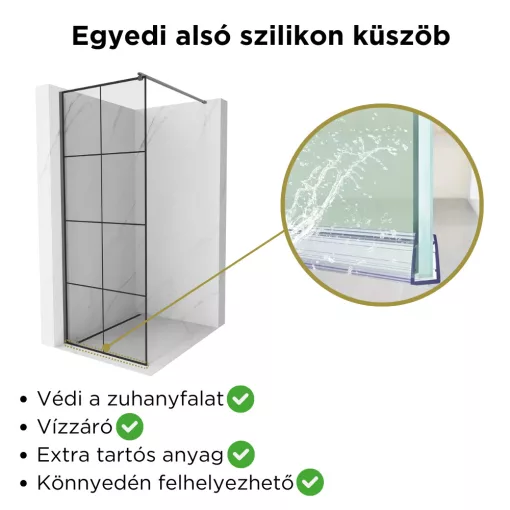 HD Oslo Gun Grey Walk-In zuhanyfal 8 mm vastag vízlepergető biztonsági üveggel, 200 cm magas, szürke profillal és távtartóval
