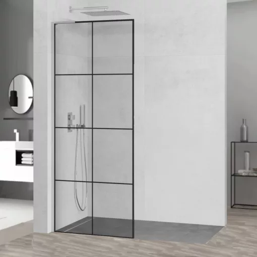 HD Oslo "L" Walk-In zuhanyfal 8 mm vastag vízlepergető biztonsági üveggel, 200 cm magas, króm profillal és "L" stabilizátorral