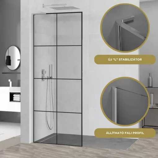 HD Oslo "L" Walk-In zuhanyfal 8 mm vastag vízlepergető biztonsági üveggel, 200 cm magas, króm profillal és "L" stabilizátorral