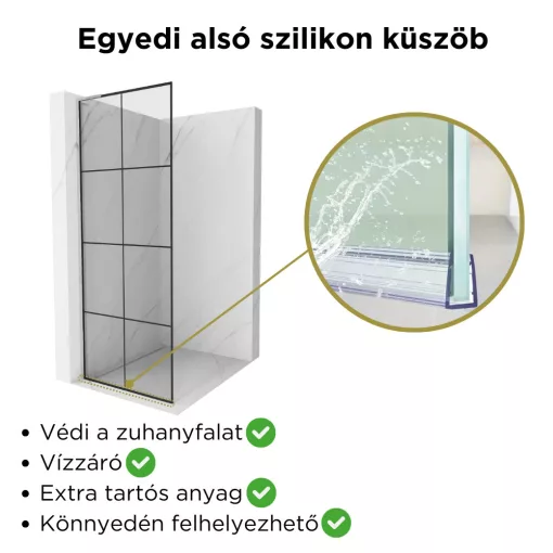 HD Oslo "L" Walk-In zuhanyfal 8 mm vastag vízlepergető biztonsági üveggel, 200 cm magas, króm profillal és "L" stabilizátorral