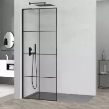 HD Oslo "L" Black Walk-In zuhanyfal, 90x200 cm, 8 mm vastag vízlepergető biztonsági üveggel, 200 cm magas, fekete profillal és "L" stabilizátorral