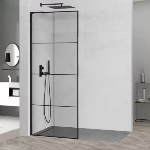 HD Oslo "L" Black Walk-In zuhanyfal, 90x200 cm, 8 mm vastag vízlepergető biztonsági üveggel, 200 cm magas, fekete profillal és "L" stabilizátorral