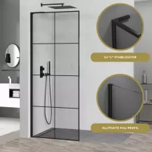 HD Oslo "L" Black Walk-In zuhanyfal, 90x200 cm, 8 mm vastag vízlepergető biztonsági üveggel, 200 cm magas, fekete profillal és "L" stabilizátorral
