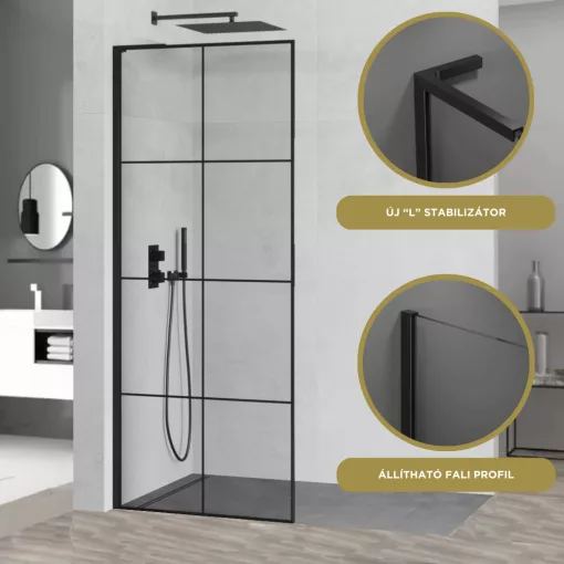 HD Oslo "L" Black Walk-In zuhanyfal, 90x200 cm, 8 mm vastag vízlepergető biztonsági üveggel, 200 cm magas, fekete profillal és "L" stabilizátorral