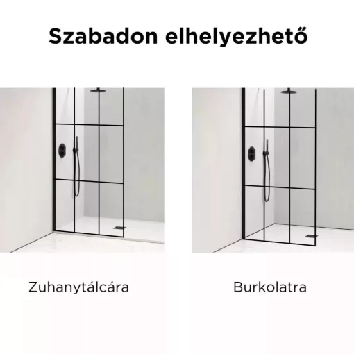 HD Oslo "L" Black Walk-In zuhanyfal, 90x200 cm, 8 mm vastag vízlepergető biztonsági üveggel, 200 cm magas, fekete profillal és "L" stabilizátorral