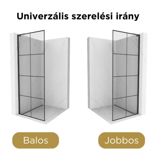 HD Oslo "L" Black Walk-In zuhanyfal, 90x200 cm, 8 mm vastag vízlepergető biztonsági üveggel, 200 cm magas, fekete profillal és "L" stabilizátorral