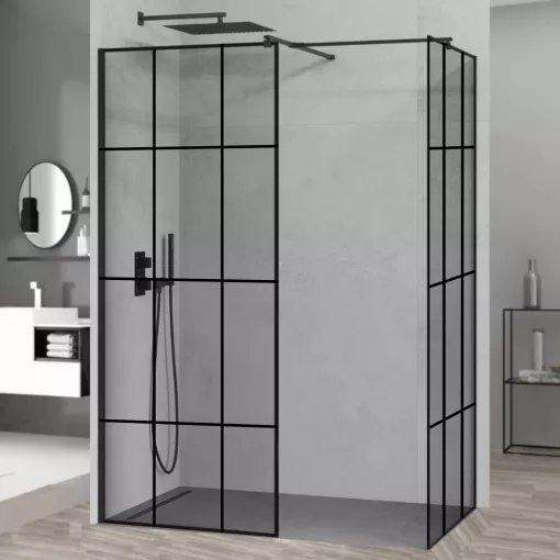 HD Oslo Black Kombi Walk-In zuhanyfal 8 mm vastag vízlepergető biztonsági üveggel, 200 cm magas, fekete profillal és távtartóval