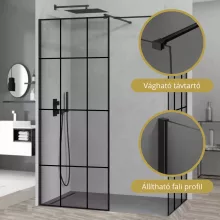 HD Oslo Black Kombi Walk-In zuhanyfal 8 mm vastag vízlepergető biztonsági üveggel, 200 cm magas, fekete profillal és távtartóval