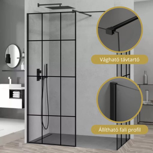 HD Oslo Black Kombi Walk-In zuhanyfal, 80x120 cm, 8 mm vastag vízlepergető biztonsági üveggel, 200 cm magas, fekete profillal és távtartóval