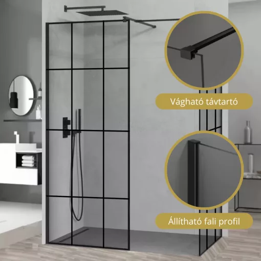 HD Oslo Black Kombi Walk-In zuhanyfal 8 mm vastag vízlepergető biztonsági üveggel, 200 cm magas, fekete profillal és távtartóval