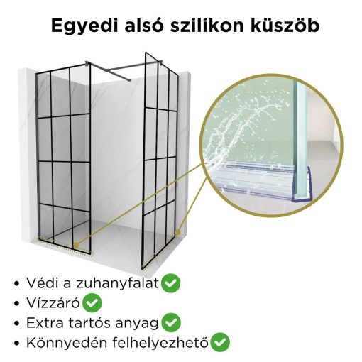 HD Oslo Black Kombi Walk-In zuhanyfal, 80x120 cm, 8 mm vastag vízlepergető biztonsági üveggel, 200 cm magas, fekete profillal és távtartóval