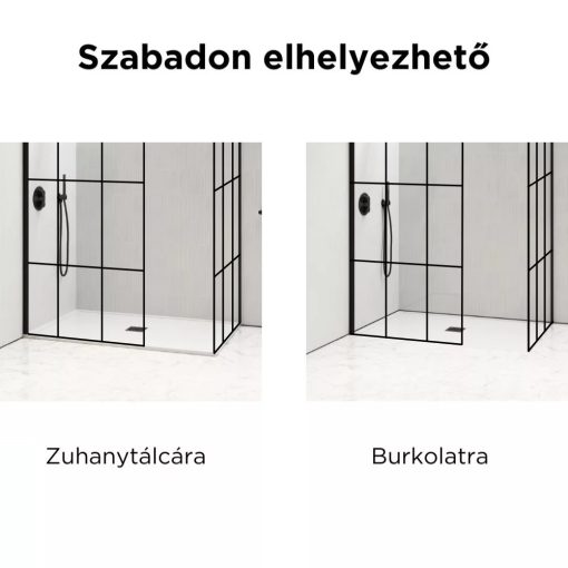 HD Oslo Black Kombi Walk-In zuhanyfal, 80x120 cm, 8 mm vastag vízlepergető biztonsági üveggel, 200 cm magas, fekete profillal és távtartóval