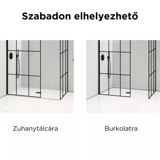 HD Oslo Black Kombi Walk-In zuhanyfal 8 mm vastag vízlepergető biztonsági üveggel, 200 cm magas, fekete profillal és távtartóval