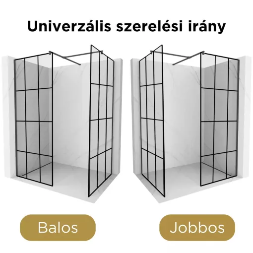 HD Oslo Black Kombi Walk-In zuhanyfal 8 mm vastag vízlepergető biztonsági üveggel, 200 cm magas, fekete profillal és távtartóval