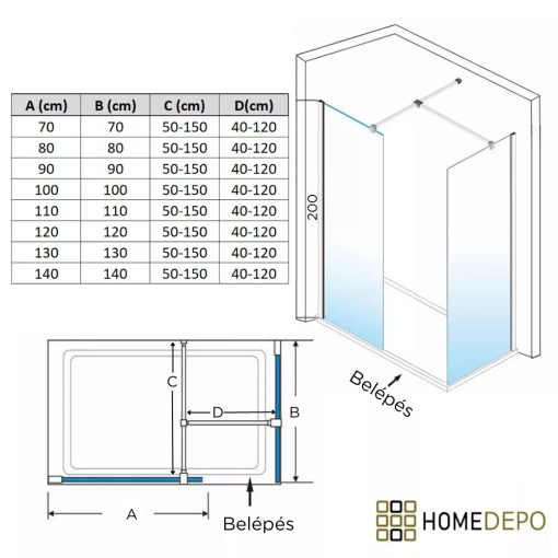 HD Oslo Black Kombi Walk-In zuhanyfal, 80x120 cm, 8 mm vastag vízlepergető biztonsági üveggel, 200 cm magas, fekete profillal és távtartóval